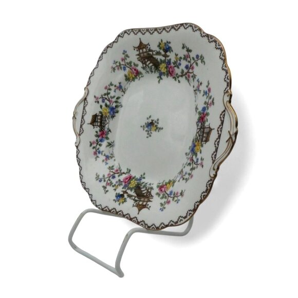 AYNSLEY Square Handle Floral and PAGODA England Cake Plate Vintage 10" - Picture 7 of 11